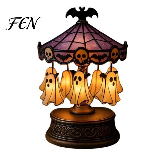Creepy Halloween Table Light Ghost Carousel Light, Night Gothic Stained Glass Shade Witchy Room Decor with Floating Ghosts/Pumpkins, Spooky