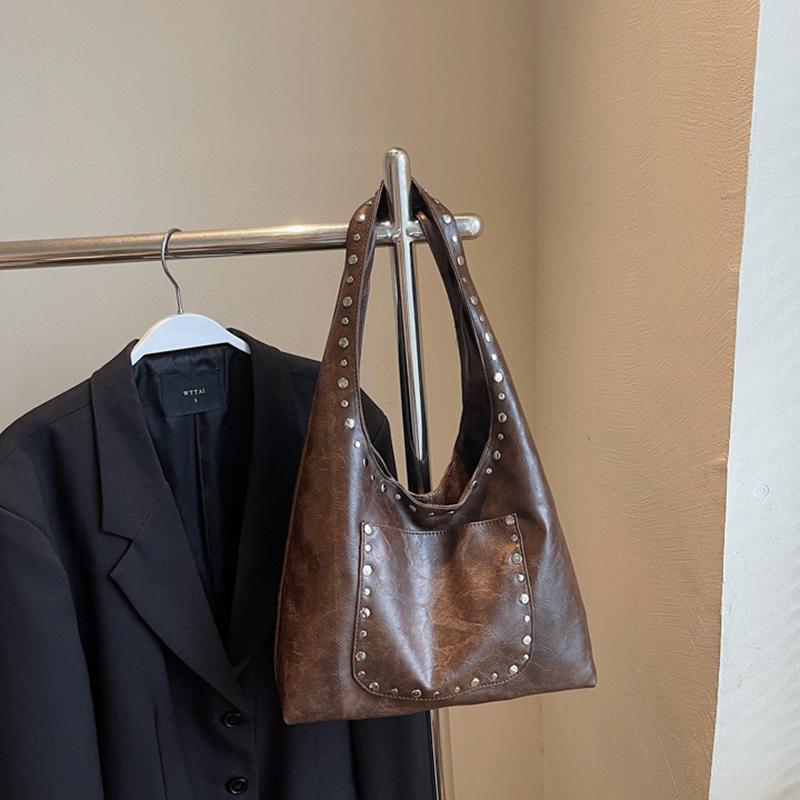 Женская ретро сумка-тоут с заклепками, однотонная, для поездок на работу, путешествий, шопинга, универсальная, большой вместимости, на плечо, CLE