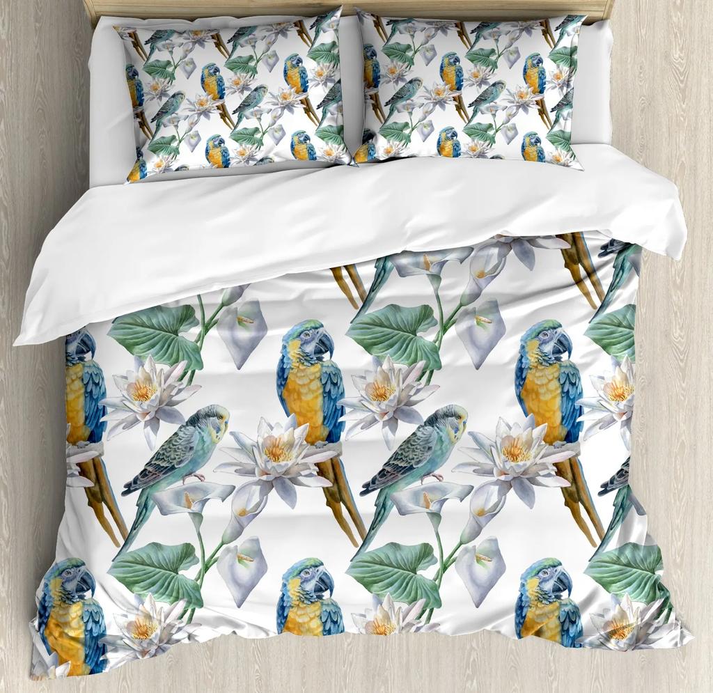 Пододеяльник с тропическими птицами, акварельными колибри, цветами, постельным бельем для двоих, экзотической дикой природой, белым абстрактным полиэстеровым одеялом