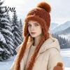 Outdoor Cycling Winter Hat Women Knitted Earflap Hat, Fuzzy Trim Pompom Soft Warm Small Face Effect Knit for Cycling, Cold Weather Daily Wear