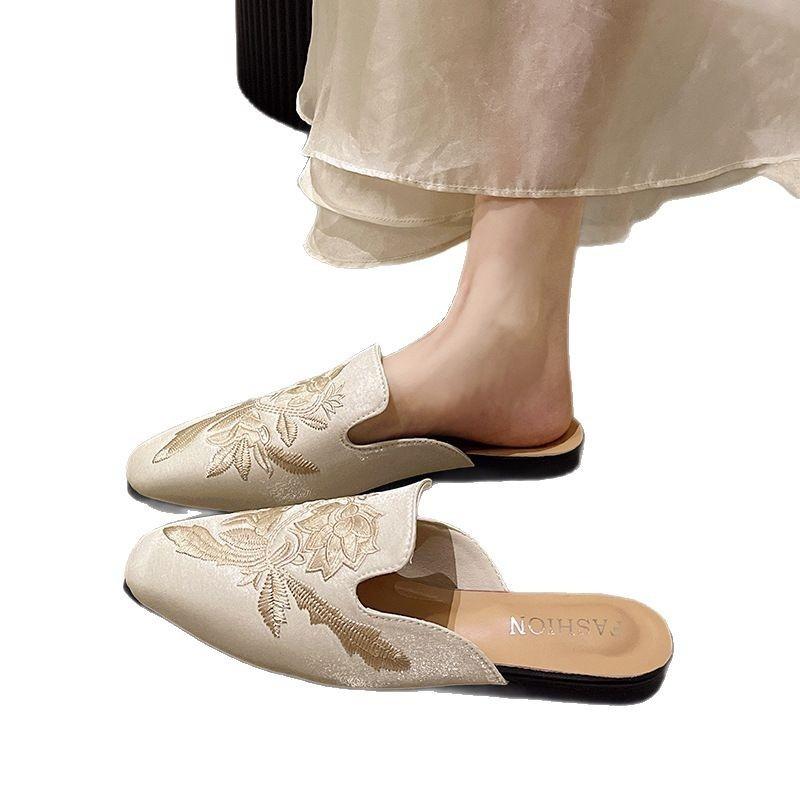 Новые шлепанцы в китайском стиле с вышивкой цветов багетом, на плоской подошве, ретро полуботинки женская обувь