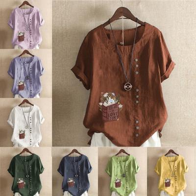 Женская модная футболка с круглым вырезом и коротким рукавом, повседневная хлопковая льняная рубашка с графическим принтом, свободная летняя блузка с принтом «Книги и цветы», топы