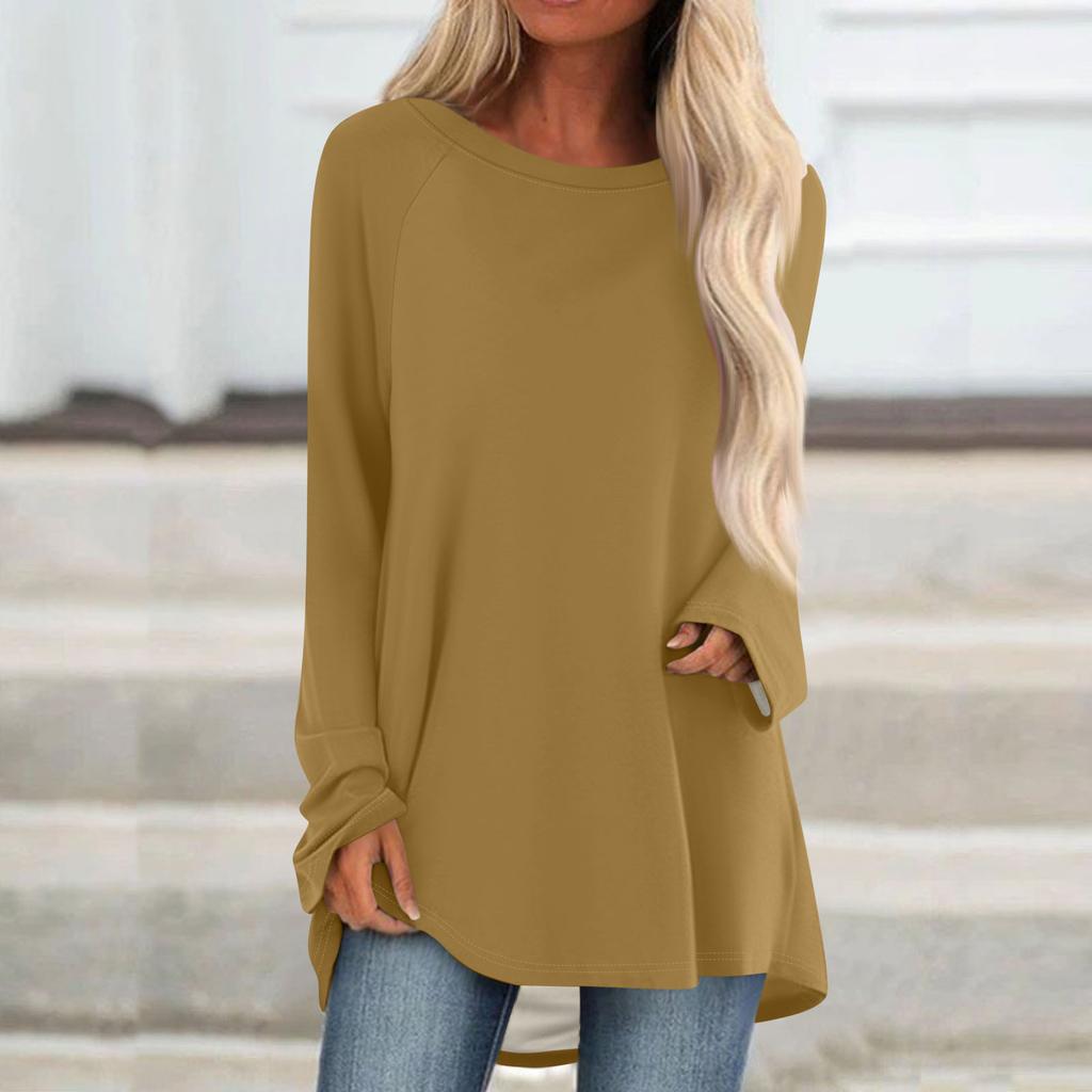Women's Fashionable Loose Mid-length Round Neck Pullover Solid Color Raglan Sleeves Long-sleeved Casual Top