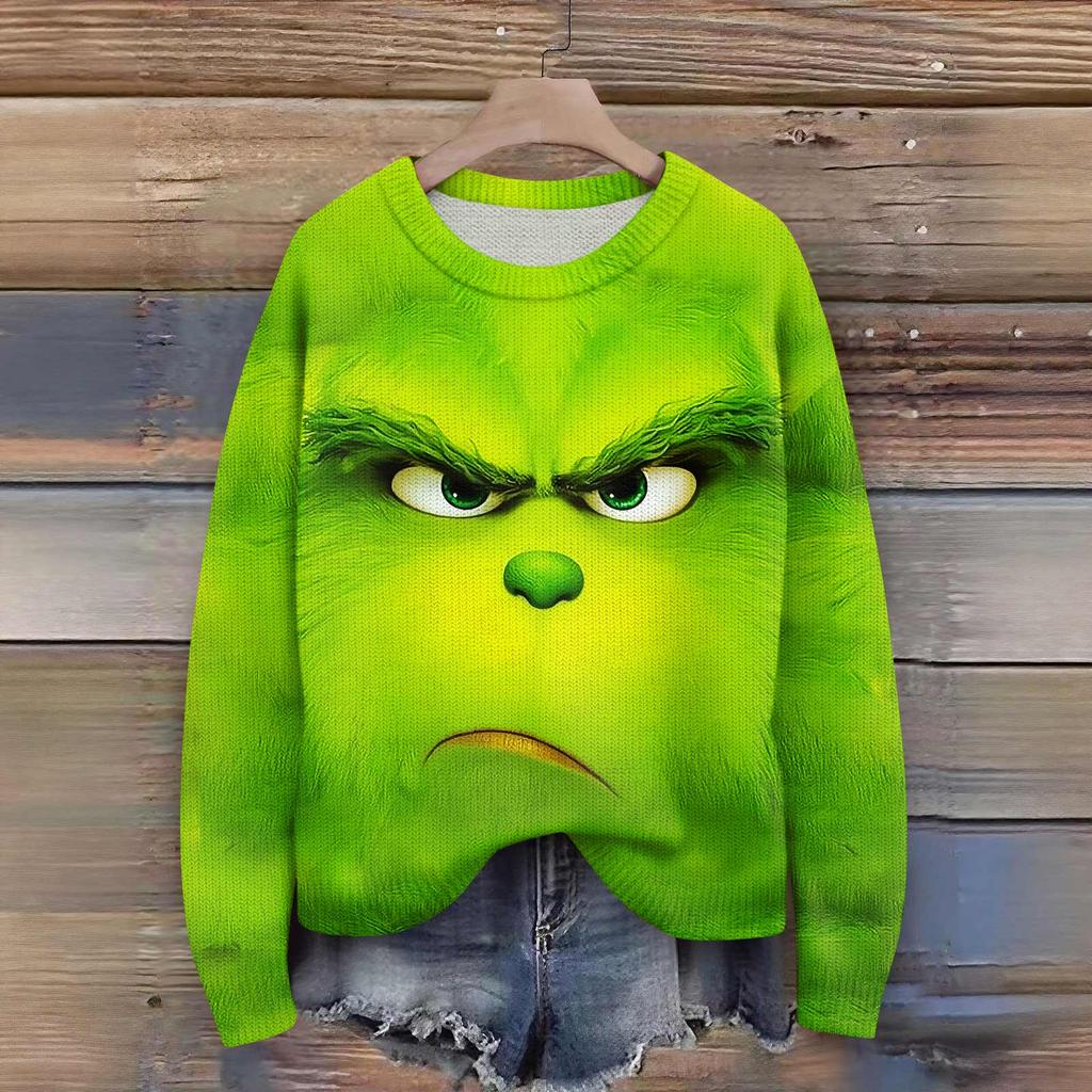 Пуловеры с длинным рукавом для женщин, с круглым вырезом, повседневные, милые, с принтом, вязаные, оверсайз