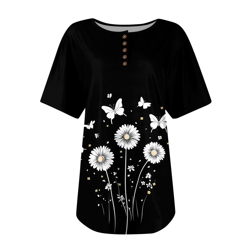 Женский модный повседневный короткий рукав пуловер с принтом на пуговицах и круглым вырезом