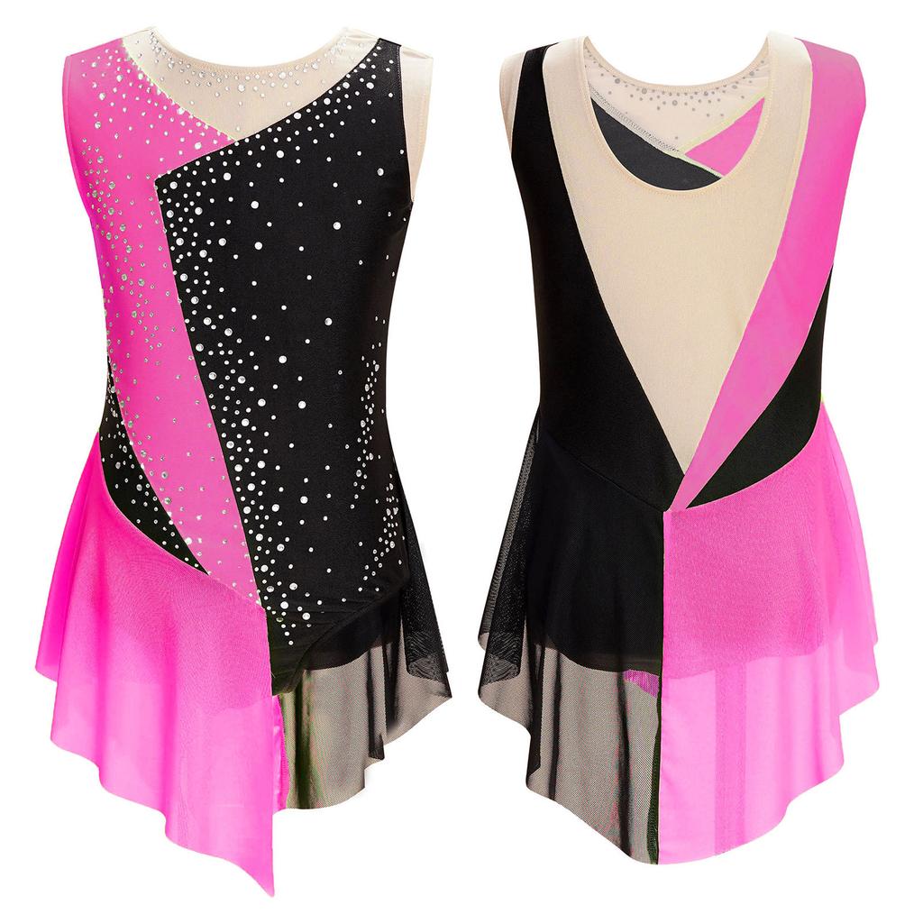 Kids Girls Sleeveless Figure Ice Skating Dress Artistic Gymnastics Leotard Competition Costume Dancewear