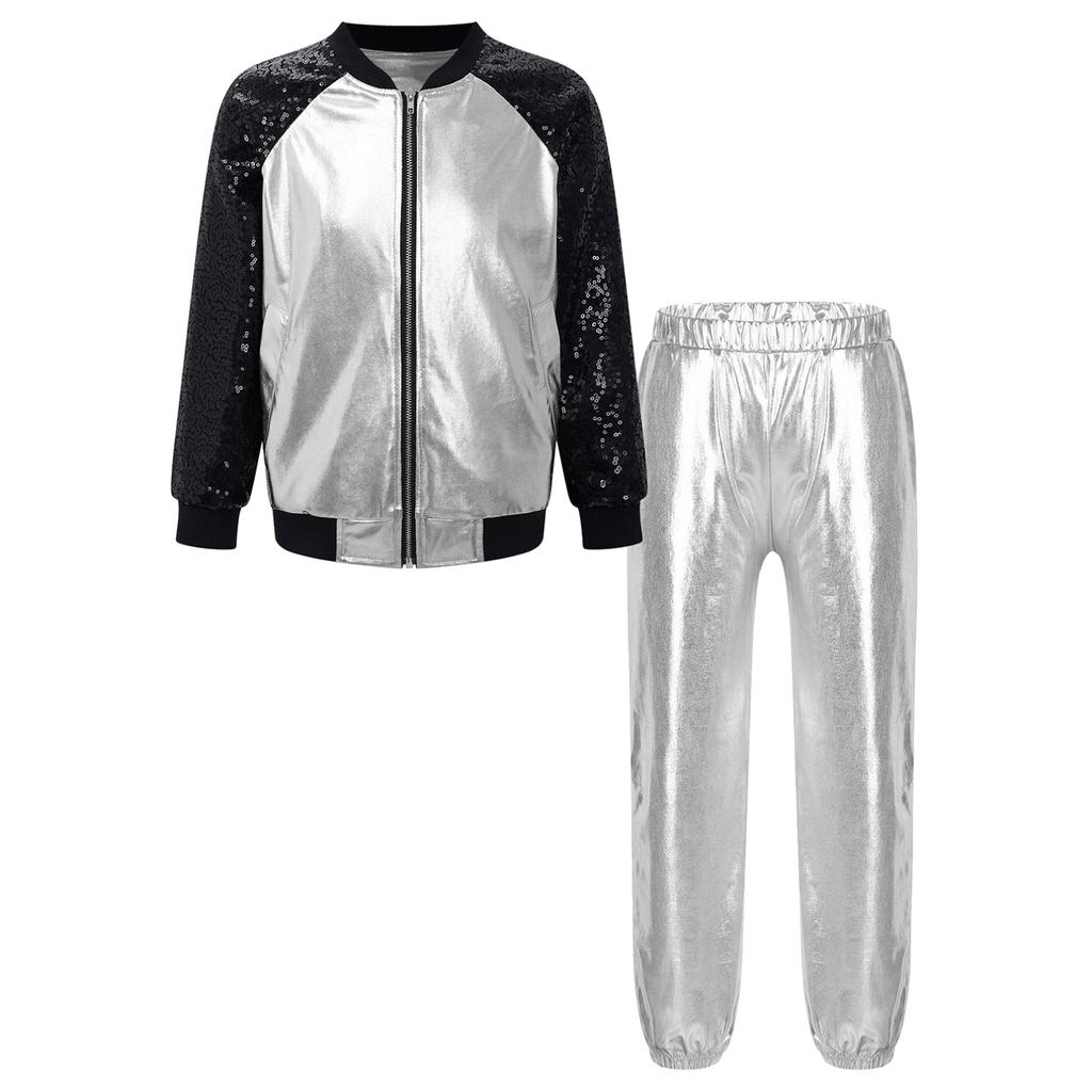 Детская куртка на молнии с длинными рукавами и блестками для девочек и штаны цвета металлик для танцевального выступления в стиле хип-хоп