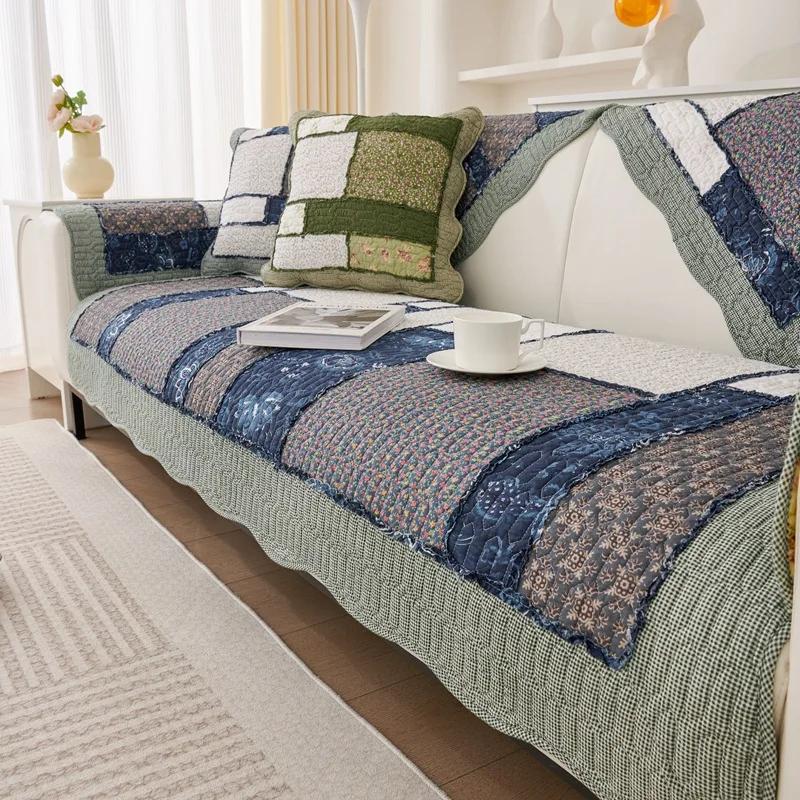 Подушка для дивана из хлопка Four Seasons Universal Splicing Pastoral Style Couch Подушка для дивана Трехцветная деревянная кромка для ушей Нескользящий чехол для дивана