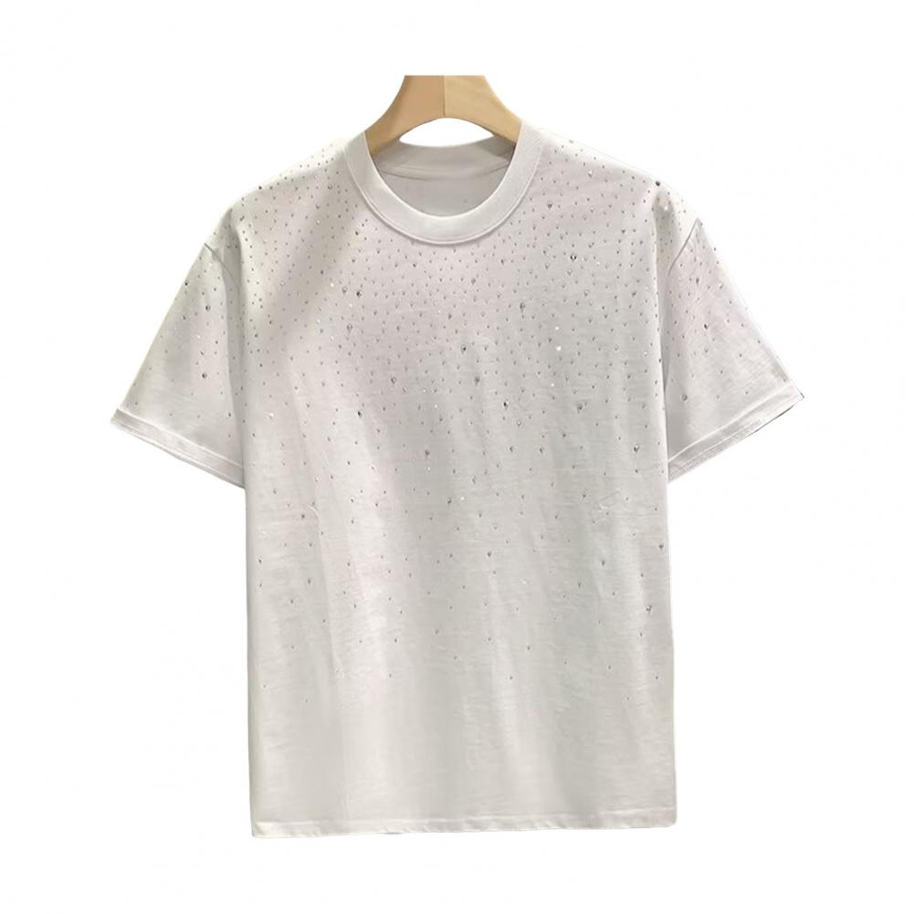 Summer Couple T-shirt Rhinestone Decor Round Neck Plus Size Short Sleeves Loose Pullover Solid Color Mid Length Unisex Daily Top