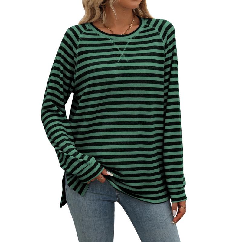 Autumn Winter Striped Contrasting Round Neck Long Sleeved Loose T-shirt Top for Women