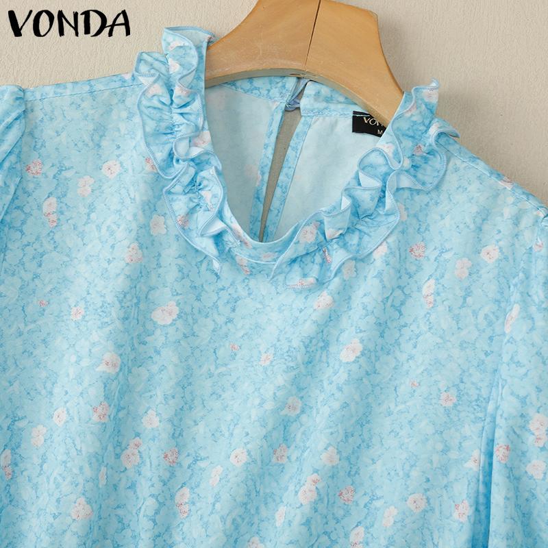 VONDA Женский летний сарафан с оборками и воротником-стойкой, коротким рукавом и цветочным принтом, повседневный, приталенный