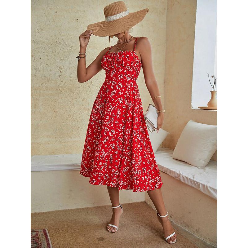 Летние женские платья для отдыха Slim Fit без рукавов с высокой талией, длинное платье А-силуэта с цветочным принтом и разрезом