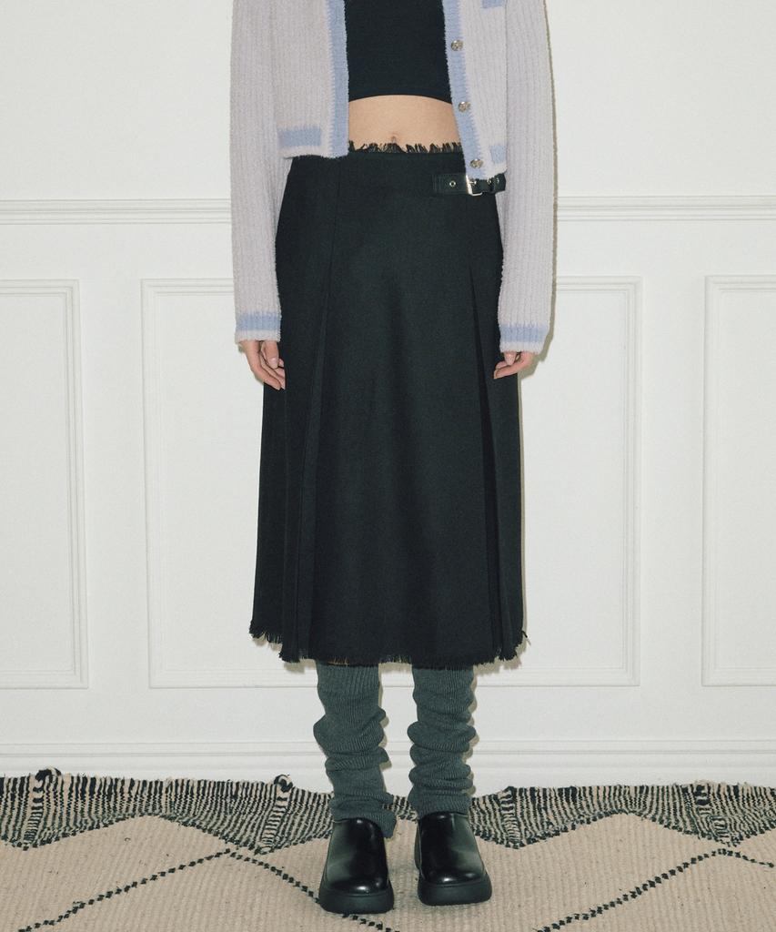 Etmont Buckle Pleated Fringe Skirt Black