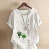 Женская модная футболка с круглым вырезом и коротким рукавом, повседневная хлопковая льняная рубашка с принтом зеленых растений, летняя блузка, топы больших размеров