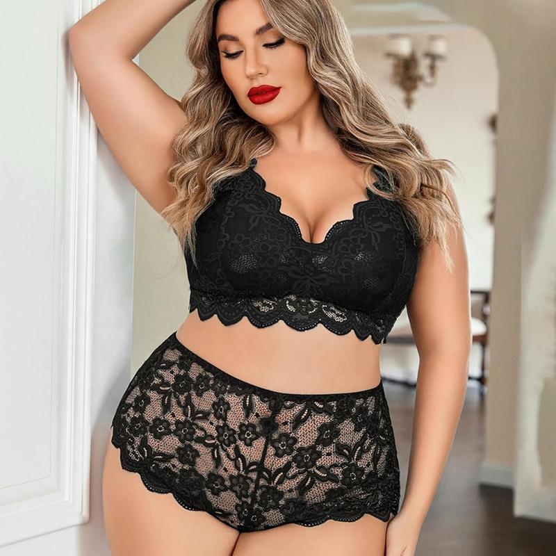 Sexy Costumes Plus Size Lace Lingerie Set 2 Piece Matching Halter Bra Big Ass Panties See Through Nightwear Womens Underwear