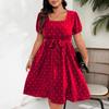 Plus Size Women's Elegant Vintage Polka Dot Waist Tie Square Neck Hem Dresses