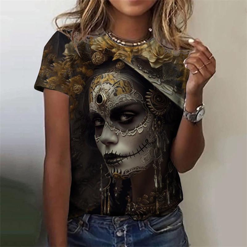 Футболка с рисунком черепа ужасов нежити для женщин, футболки с 3D-принтом для таинственной девушки, летние свободные топы с круглым вырезом, футболки с коротким рукавом