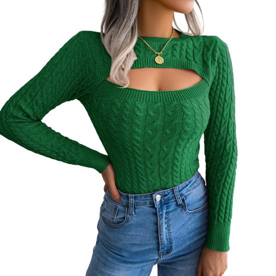 Женский свитер с круглым вырезом, длинными рукавами, полым дизайном на груди, вязаный топ с текстурой «косичка», однотонный, приталенный трикотаж