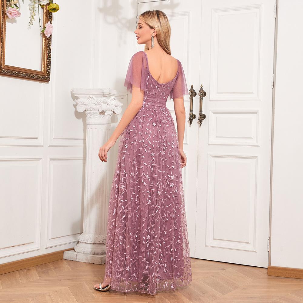 GMXIA Элегантное прозрачное вечернее платье с короткими рукавами, V-образным вырезом и U-образным вырезом на спине, трапециевидное платье с вышивкой и полной подкладкой