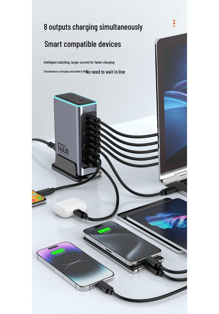 660W GaN Fast Charger for Phones & Tablets, Multi-Port Desktop Station with Flash & Apple Fast Charging