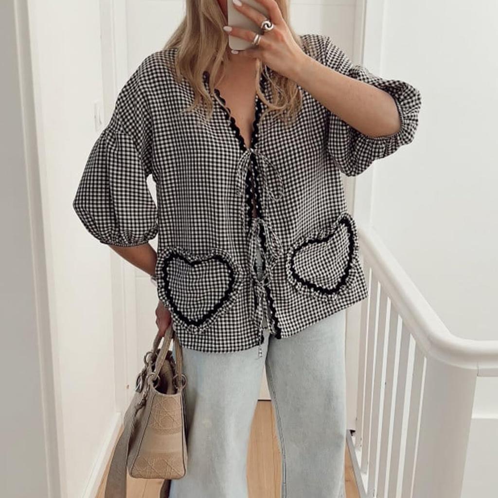 Женская повседневная клетчатая рубашка с коротким рукавом, свободные топы с ремешком и карманом в форме сердца
