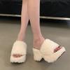 Muffin Thick-soled High-heeled Slippers for Women's Autumn and Winter New Fashion Shows Long Legs, and Fluffy Wedge Slippers Are Worn Outside.