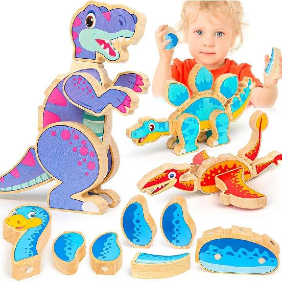 Dinosaur Toys for Kids 3-5,Wooden Magnetic Dino Take Apart Building Blocks Toys for Fine Motor Skills & Creative Play,Easter Basket Stuffers for