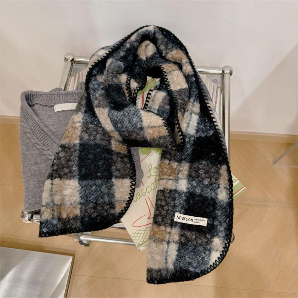 Korean Style Plaid Fleece Scarf Coldproof Winter Cashmere Shawl Elegant Curly Wool Scarf Women