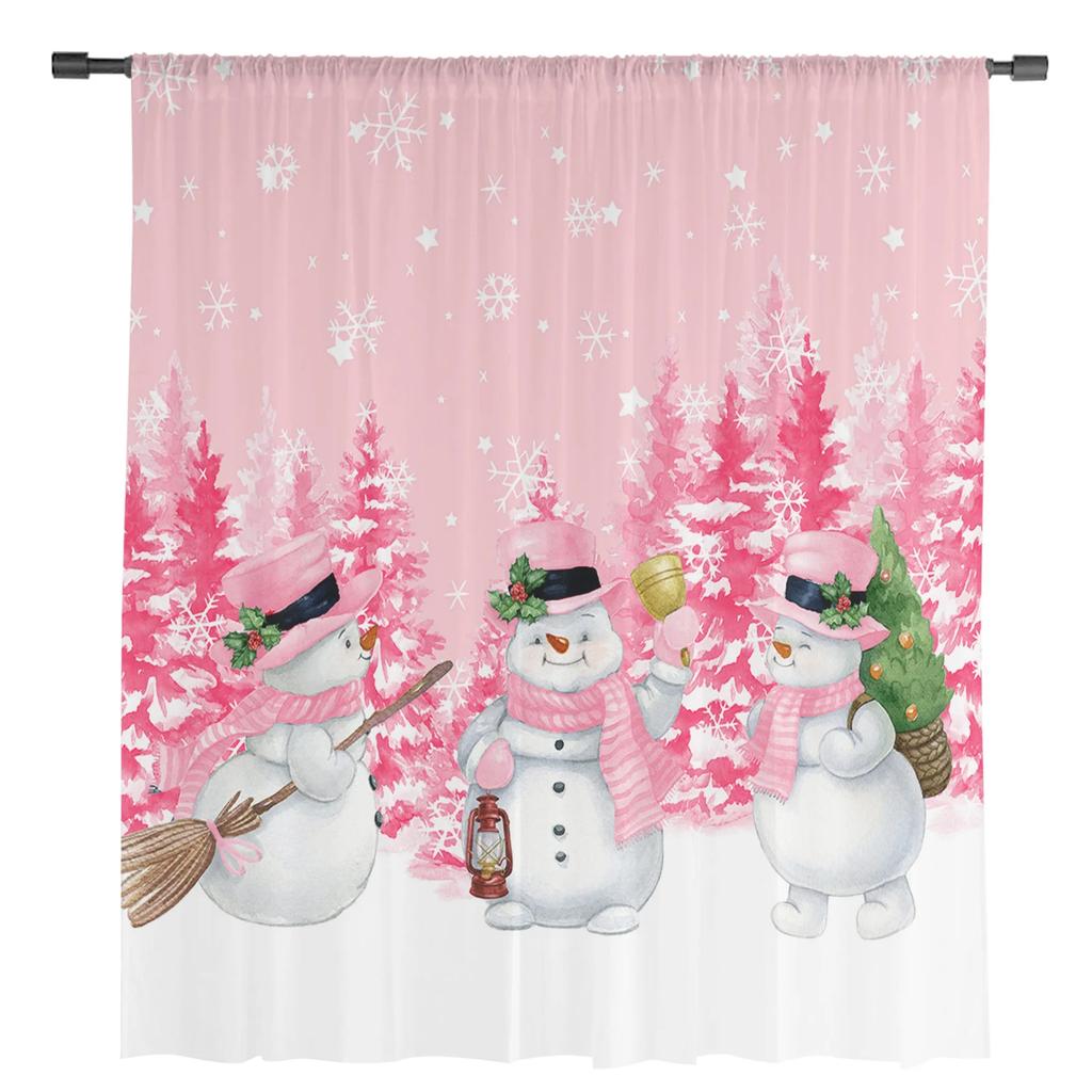 Christmas Tree Snowflake Pine Snowman Pink Sheer Curtains Living Room Decoration Window Curtains Kitchen Tulle Voile Curtains