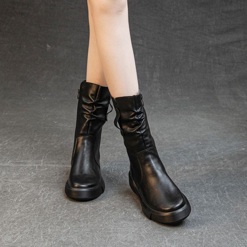 Модные женские ботинки Осень Зима Плюшевые Теплые Ботинки до середины икры Круглый носок Молния Плиссированные Толстая подошва Кожаные Хлопковые Ботинки
