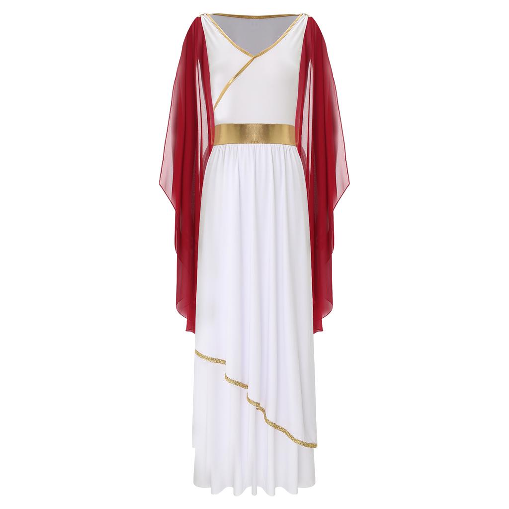 Women's Ancient Greek Roman Queen Costume Halloween Cosplay Gold Trims Toga Dress