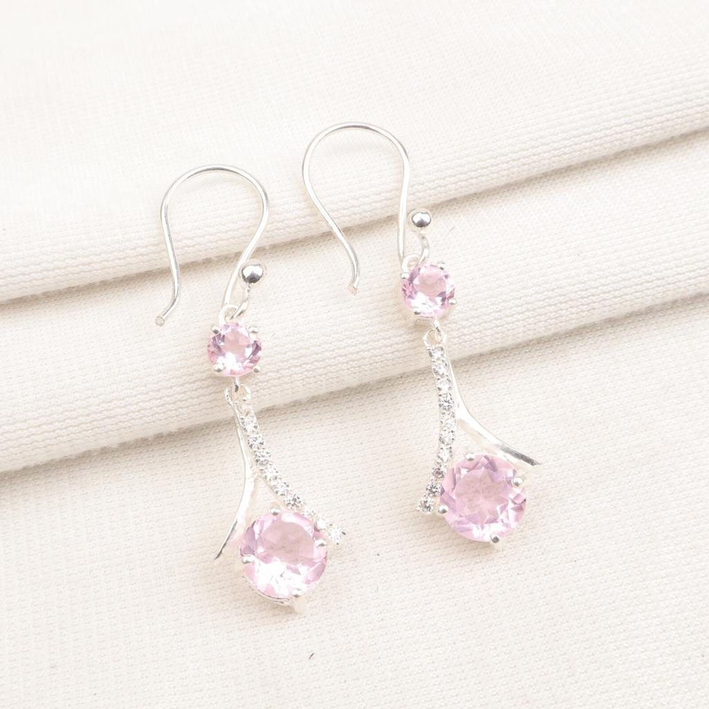 Morganite Gemstone 925 Stamped Silver Jewelry Drop/Dangle Earrings 1.84" For Her CZE-9-7