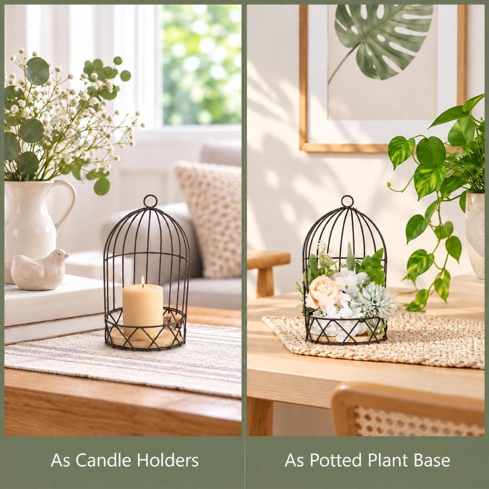 Iron Frame,Wooden Board Birdcage Planter Stand Vintage Bird Cage Table Decor  Festival Ornament