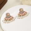 Bohemian turquoise crystal fringed earrings heavy industry pearl fan stud earrings retro ethnic style light luxury earrings