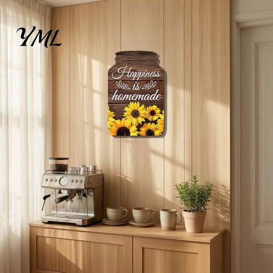 Decorative Signs for Kitchen Mason Jar Shape Wall Decoration, Wooden Art with Sunflower Print, Hanging Plaques Retro Rustic Decor Farmhouse