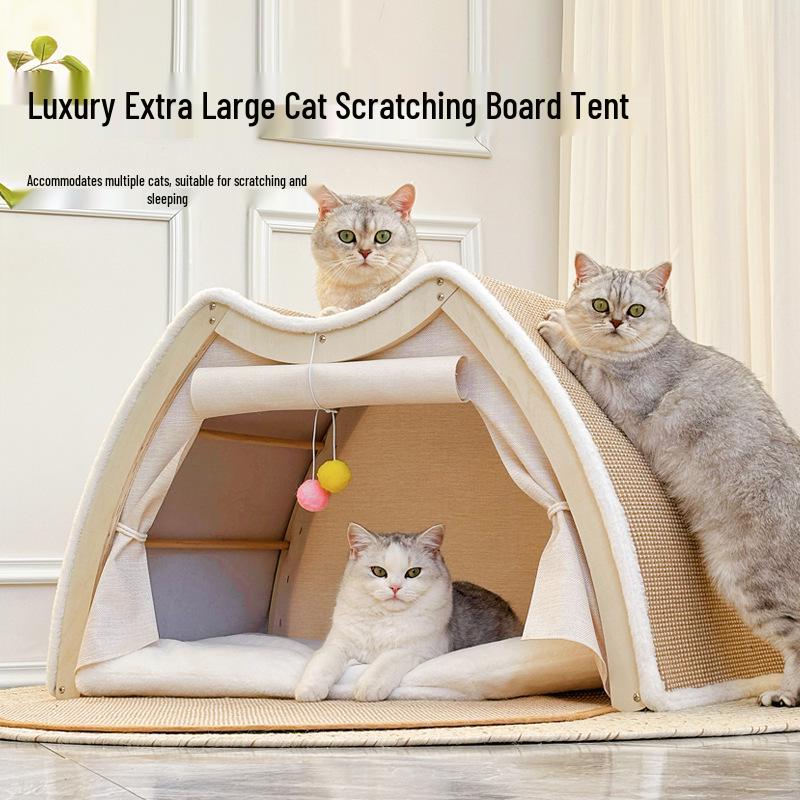 Super Large All-Season Cat & Dog House: Sisal Scratching Board, Solid Wood Enclosed Bed, Cat Tent Villa