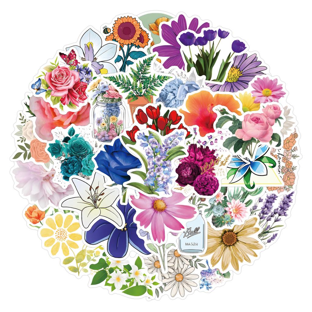 50 New Styles of Floral Flowers Doodle Stickers Decorative Notebook Guitar Suitcase Waterproof Stickers