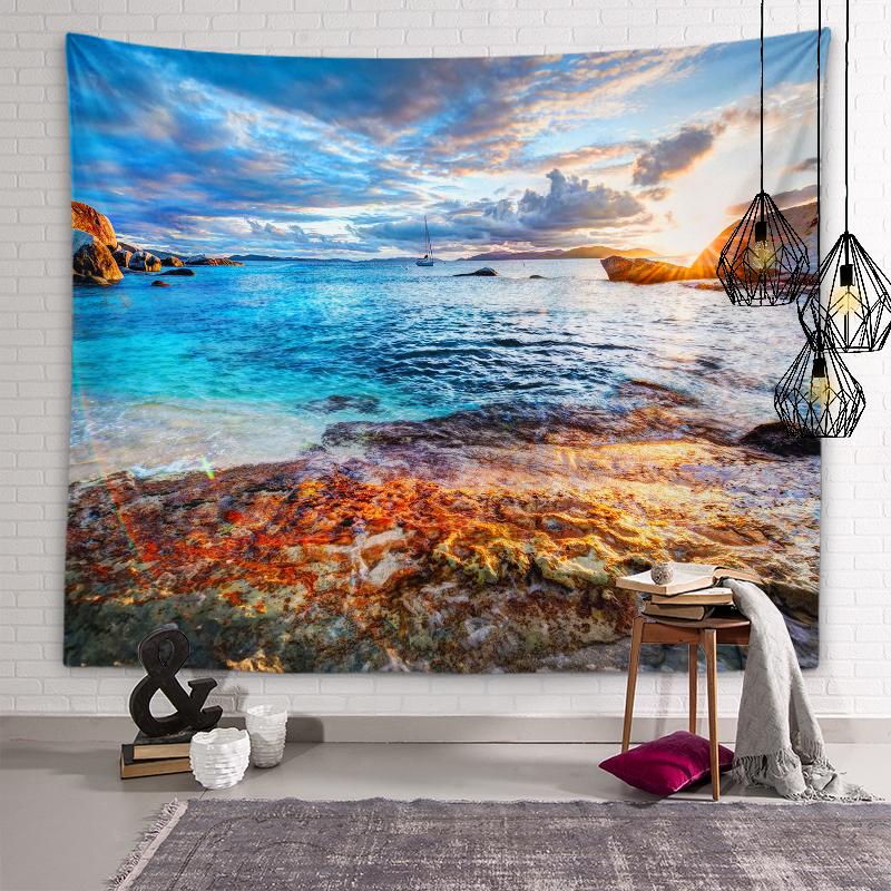 Пляжный пейзаж Гобелен Сумерки Закат Пейзаж Настенное художественное оформление Эстетика общежития Гостиная Спальня Украшение дома