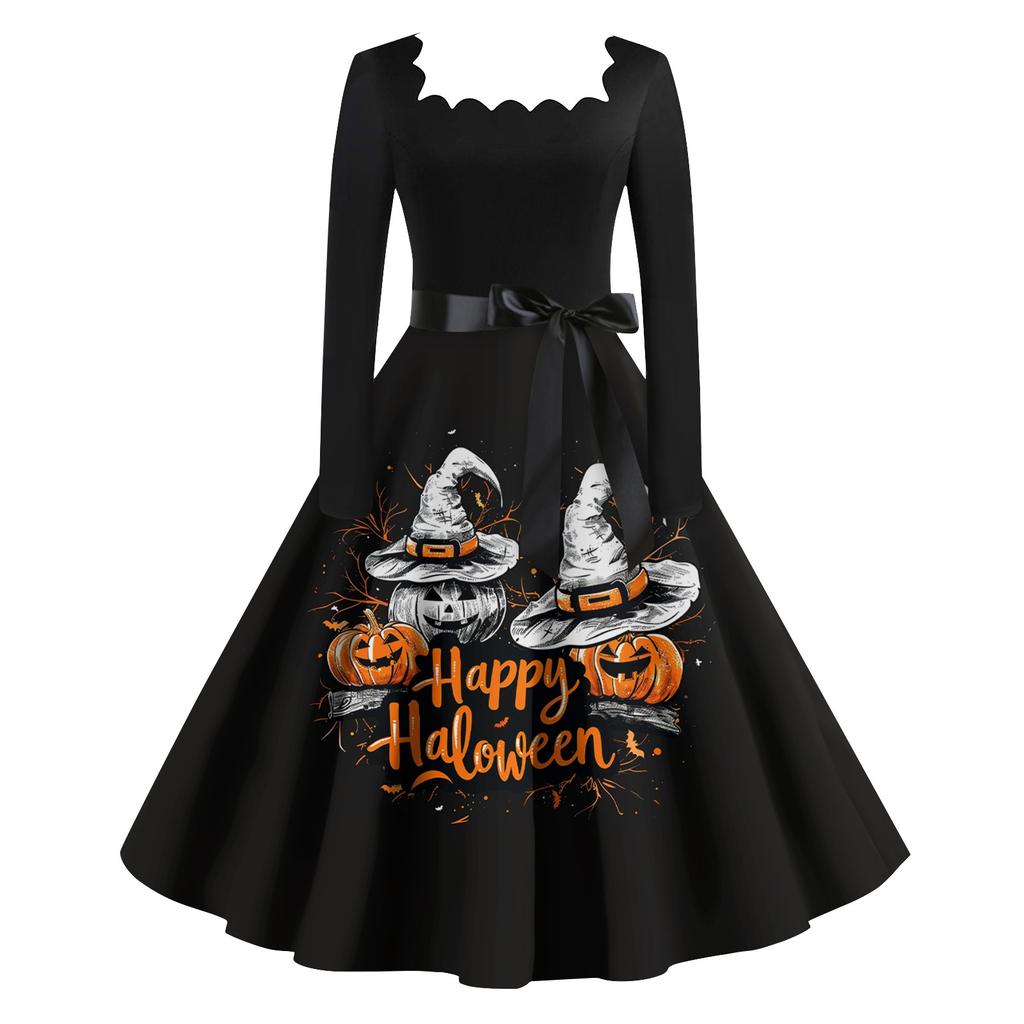 Женское повседневное модное платье в стиле ретро с квадратным вырезом и длинными рукавами