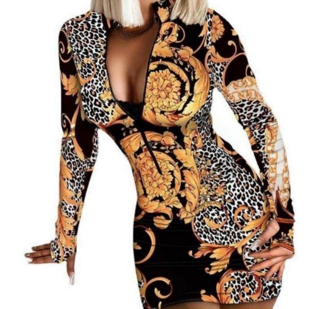 2024 Новое женское модное леопардовое платье с длинным рукавом, сексуальные вечерние платья на молнии средней длины