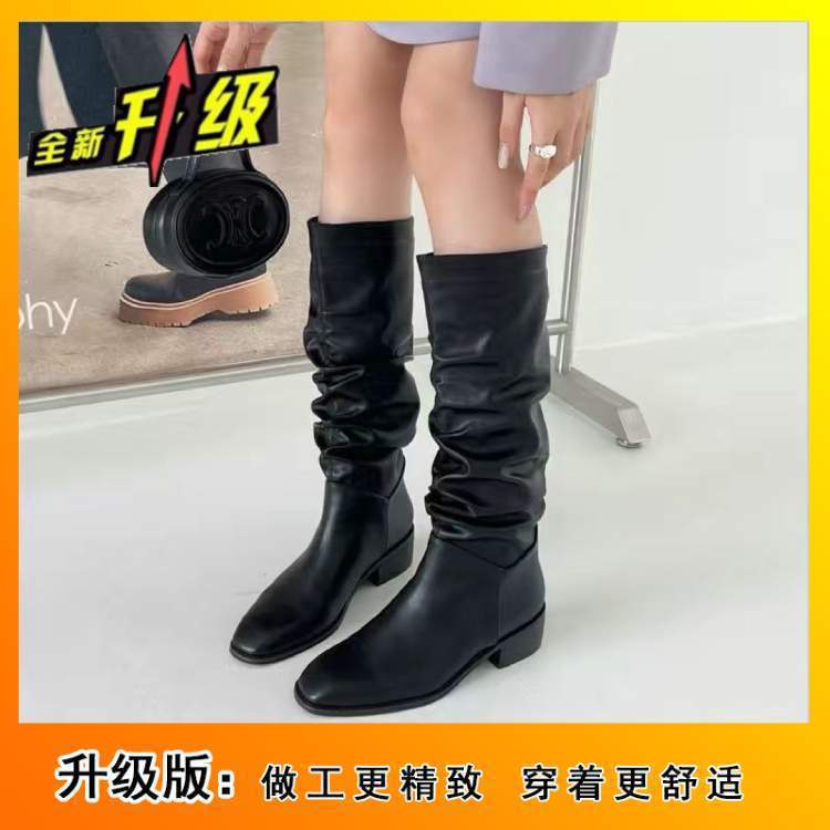 2025 Autumn and Winter Western Boots Knight Boots Women's Foreign Style High Tube Pleated Knee Boots Thick Heel Retro Square Head Sleeve Boots