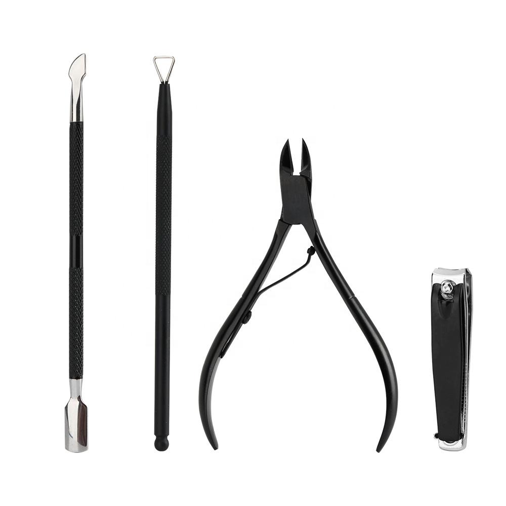 4PCS Black Stainless Steel Durable Manicure Pusher Cuticle Remover Cuticle Nippers Pedicure Set