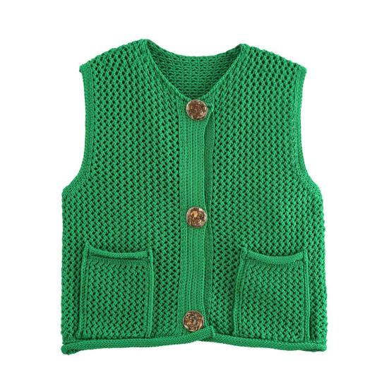 Женский вязаный жилет с V-образным вырезом, без рукавов, однобортный, с карманами, вязаный жилет, универсальный однотонный трикотаж