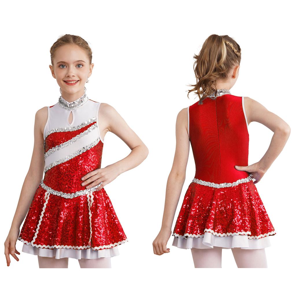 Kids Girls Glitter Sequins Cheerleading Uniform Cheer Leader Outfits Dance Dress Performance Dancewear