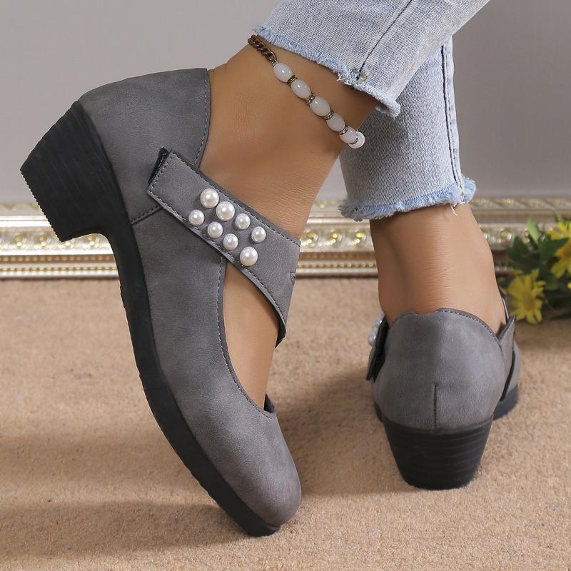 Женская повседневная обувь 2024 Осень Мода Жемчуг Круглый носок Средний каблук Женская Повседневная Обувь на высоком каблуке Массивная обувь Обувь Большой размер 43