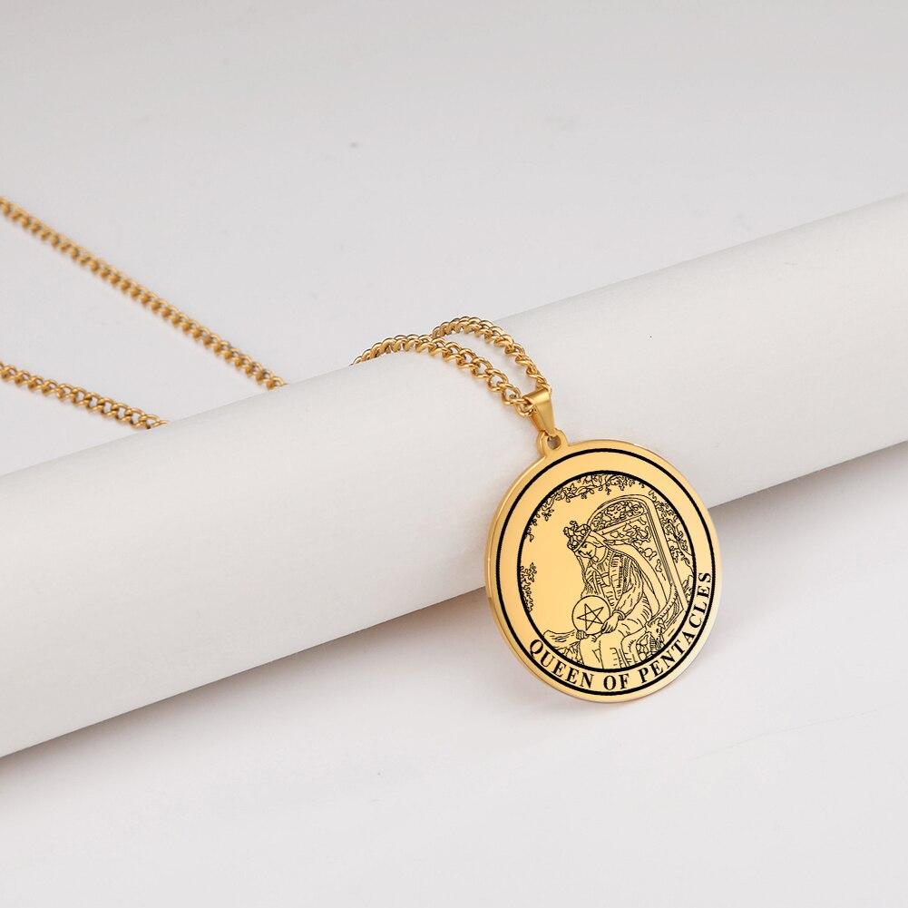 Spiritual Tarot Pendant Necklace And Women The Suit Of Pentacles Pendants Retro For Men Round Stainless Steel JewelryVintage Pendant Necklace