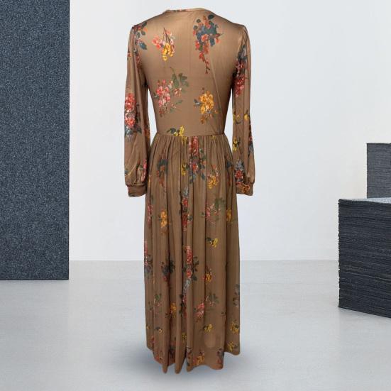 Spring Fall Dress V Neck Digital Floral Print Pleated A-line Maxi Dress Long