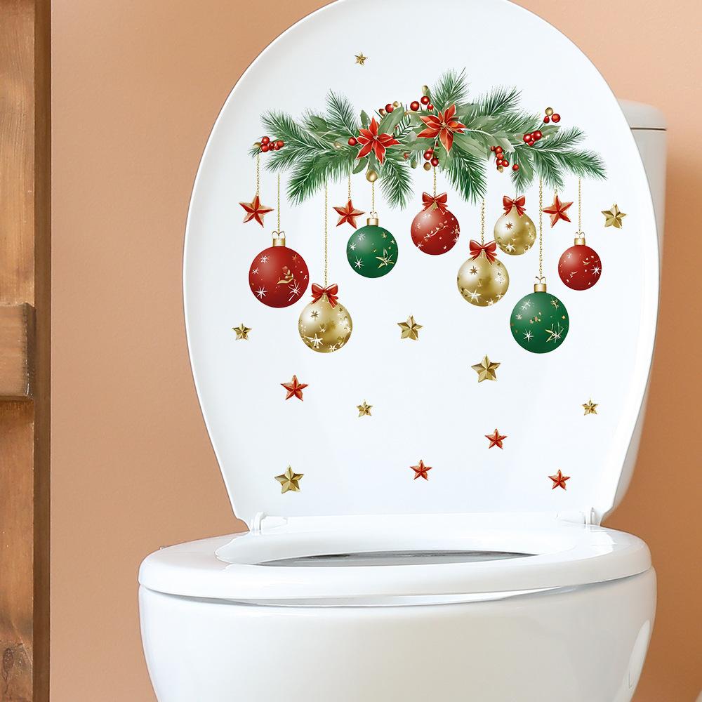 1pc/2pcs Christmas Leaf Colorful Ball Toilet Stickers Toilet Lid Decals Cistern Self-Adhesive Stickers Home Christmas Decoration