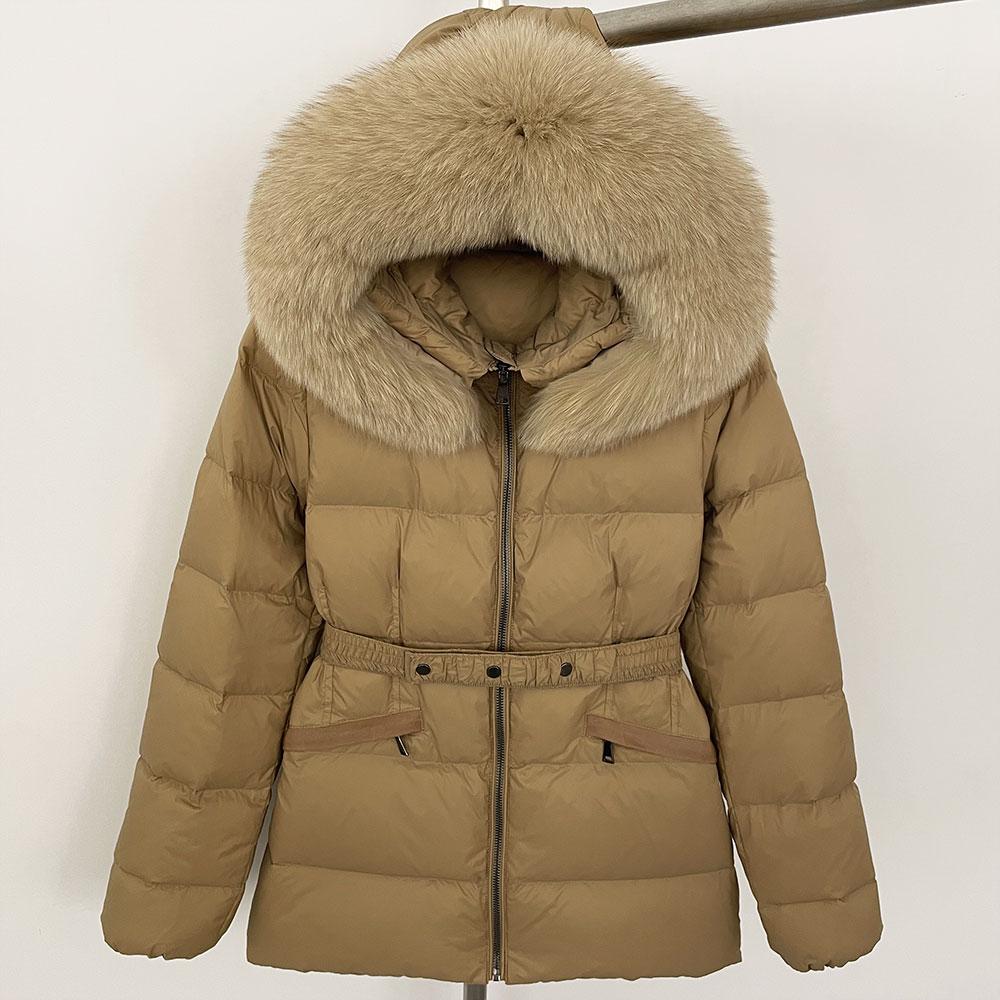 OFTBUY 2024 Winter Jacket Women Natural Real Raccoon Fox Fur Collar Hooded White Duck Down Coat Belt Thick Warm Casual Outerwear