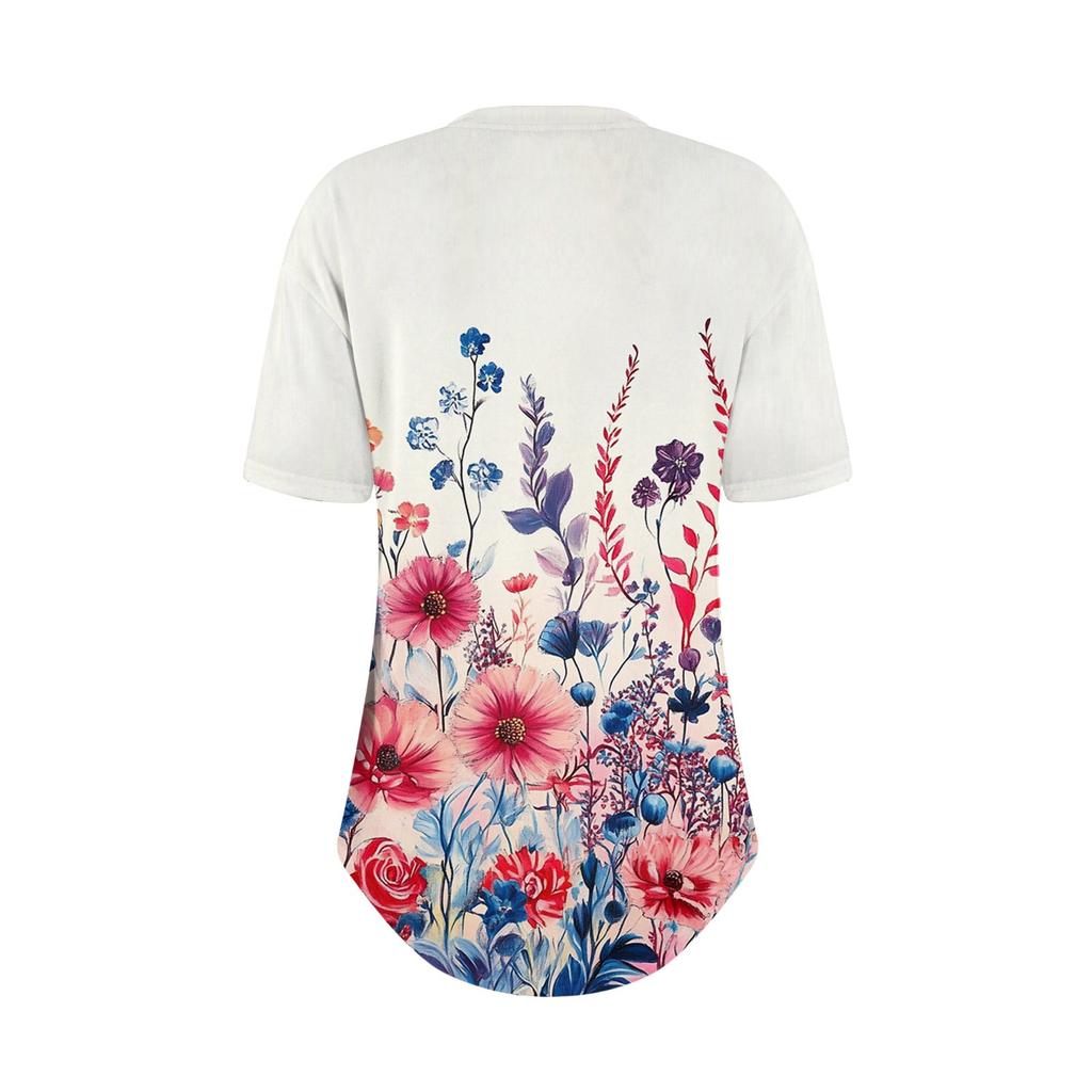 Short Sleeve Womens Tops Summer T-Shirts Floral Print V Neck Casual Basic Tee Button Shirts Tunic Tops